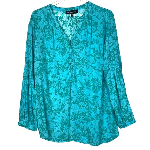 grand & greene Tops - GRAND & GREENE Blouse XL Floral Tunic Blouse Teal Green Blue Long Sleeve V Neck